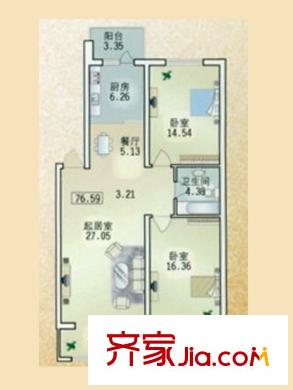 北岸明珠戶型圖戶型C 2室2廳1衛(wèi)1廚