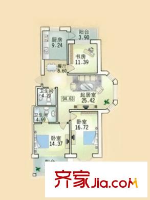 北岸明珠戶型圖戶型B  3室2廳2衛(wèi)1廚