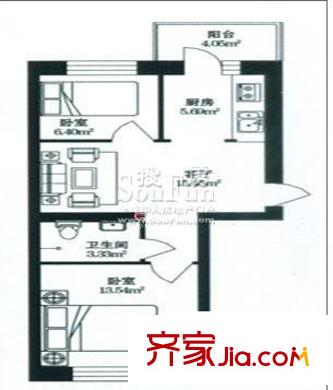 裕發(fā)新城戶型圖兩室一廳44.68平方米 2室1廳1衛(wèi)1廚