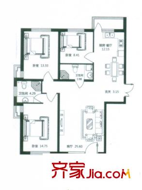 鳳凰灣戶型圖高層戶型圖 3室2廳2衛(wèi)1廚