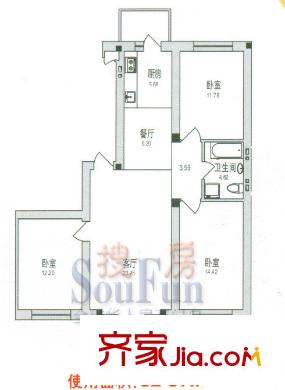 学府绿景苑户型图3室2厅1卫1厨