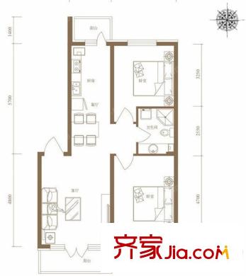 柒零捌零 城仕公館戶型圖B8戶型 2室2廳1衛(wèi)1廚