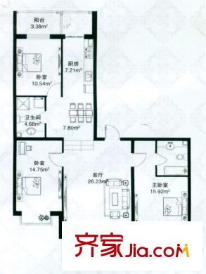 祥瑞府邸戶型圖二期F戶型 3室2廳2衛(wèi)1廚