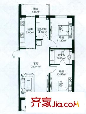 祥瑞府邸戶型圖二期D戶型 2室1廳2衛(wèi)1廚