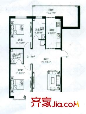 祥瑞府邸戶型圖二期E戶型 2室1廳2衛(wèi)1廚