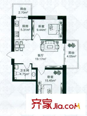祥瑞府邸戶型圖二期C戶型 2室1廳1衛(wèi)1廚