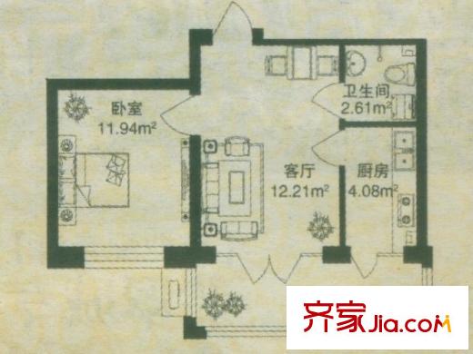 祥瑞府邸戶型圖戶型B 1室1廳1衛(wèi)1廚