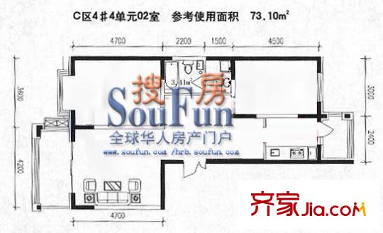 盟科觀邸戶型圖C區(qū)4#4單元 2室1廳1衛(wèi)1廚