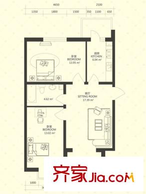 泰山領(lǐng)秀戶型圖B棟2-3戶型 2室1廳1衛(wèi)1廚