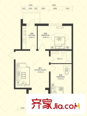 泰山領(lǐng)秀戶型圖B棟2-1戶型 2室1廳1衛(wèi)1廚