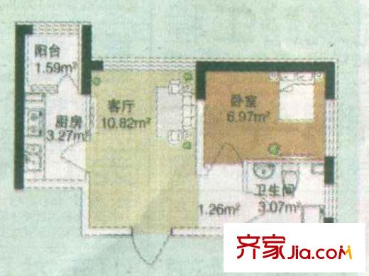 橄欖城戶型圖東北朝向一室戶型 1室1廳1衛(wèi)1廚