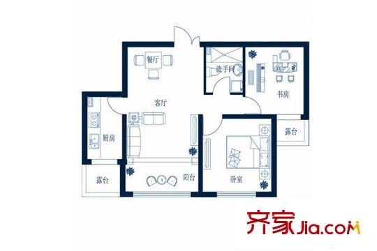 深藍(lán)杰座1、2號樓建面82.92平戶型 2室1廳1衛(wèi)1廚