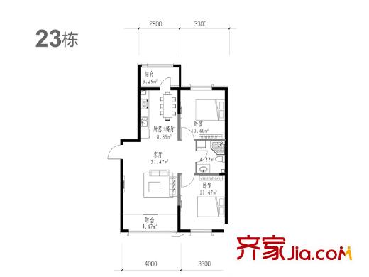 澗橋西畔戶型圖23棟3號(hào)戶型圖 2室2廳1衛(wèi)1廚