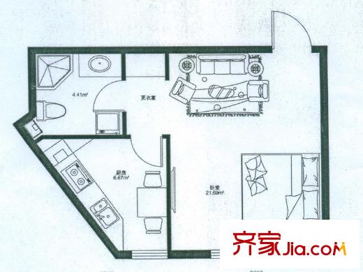 悅山國際戶型圖二期戶型E 1室1衛(wèi)1廚