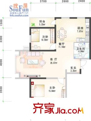 福順尚都戶型圖一號(hào)樓 2室2廳1衛(wèi)1廚