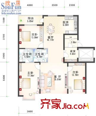 福順尚都戶型圖十三號(hào)樓 3室2廳2衛(wèi)1廚
