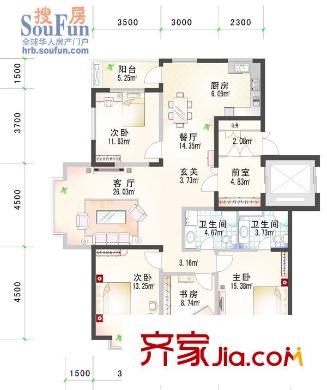 福順尚都戶型圖十三號(hào)樓戶型圖 3室1廳2衛(wèi)1廚