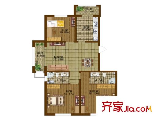 香林名苑2、3、4、5、6號樓J戶型 3室1廳2衛(wèi)1廚