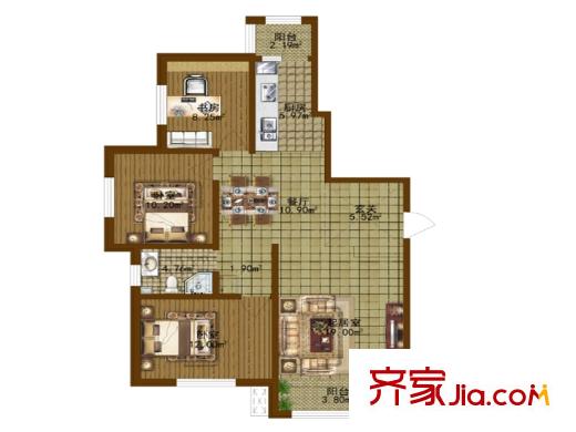 香林名苑17號(hào)樓H戶型 3室2廳1衛(wèi)1廚