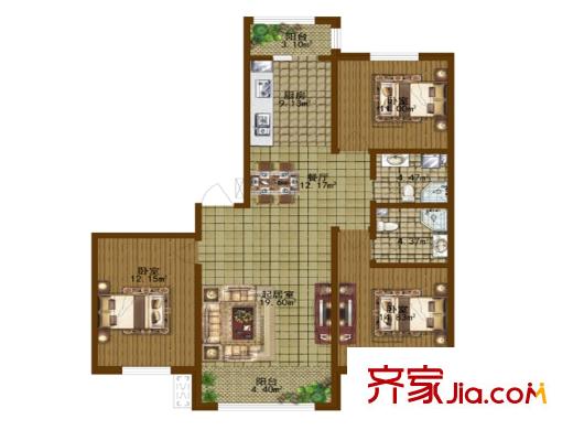 香林名苑8、9號樓F戶型 3室2廳2衛(wèi)1廚