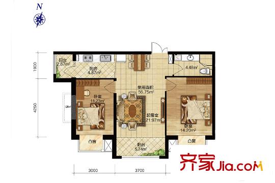 寶宇天邑瀾山二期建筑面積92.58平米 2室2廳1衛(wèi)1廚