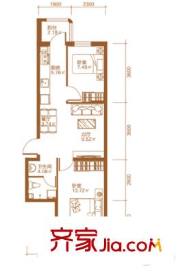 悅然臻城6號樓1-3戶型 2室2廳1衛(wèi)1廚