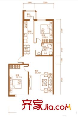 悅然臻城6號樓2-1戶型 2室2廳1衛(wèi)1廚
