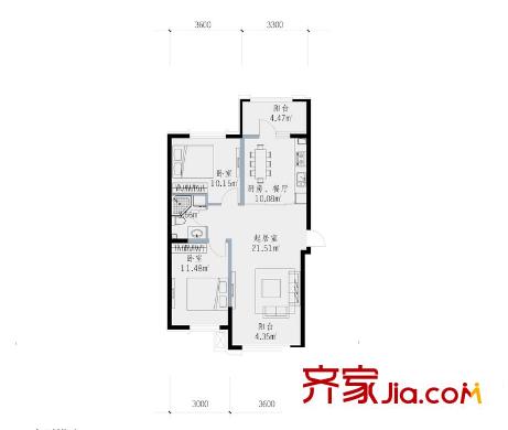 澗橋西畔戶型圖C戶型 2室2廳1衛(wèi)1廚