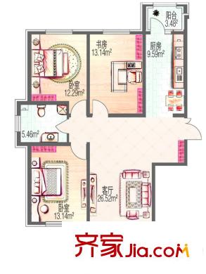 澗橋西畔戶型圖17#戶型 3室2廳1衛(wèi)1廚