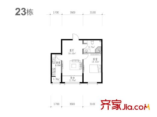 澗橋西畔戶型圖23棟2號(hào)戶型圖 1室1廳1衛(wèi)1廚