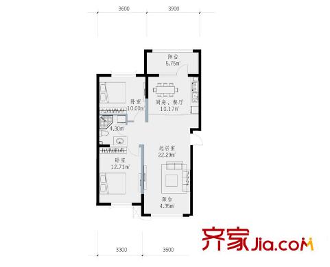 澗橋西畔戶型圖D戶型 2室2廳1衛(wèi)1廚
