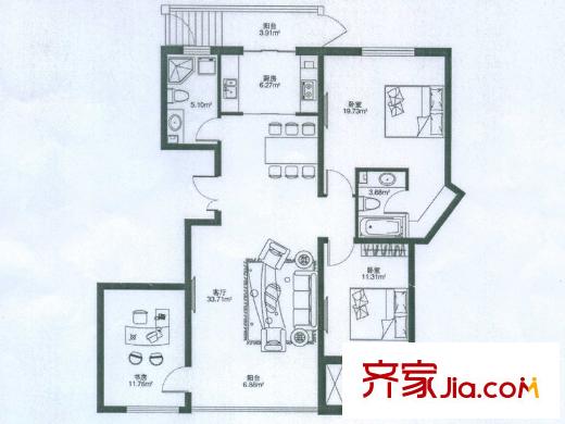 悅山國際戶型圖二期戶型E 3室2廳2衛(wèi)1廚