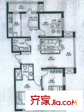 悅山國際戶型圖二期戶型E 3室2廳2衛(wèi)1廚