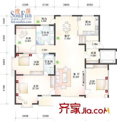 福順尚都戶型圖十二號樓 3室2廳2衛(wèi)1廚