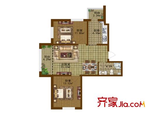 香林名苑1、7、11、12、15、18、19、20號(hào)樓C戶型 2室1廳1衛(wèi)1廚