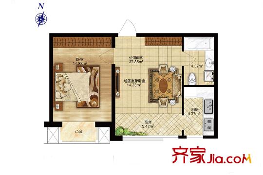 寶宇天邑瀾山二期建筑面積60.78平米 1室1廳1衛(wèi)1廚
