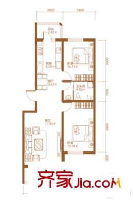 悅然臻城4號樓1-3戶型 2室1廳1衛(wèi)1廚