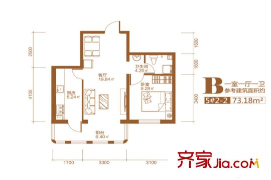 悅然臻城5號樓2-2戶型 1室1廳1衛(wèi)1廚