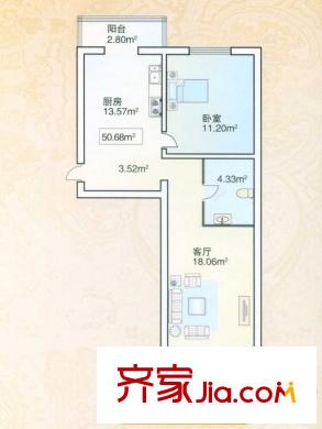 綠海華庭多層B戶型 1室1廳1衛(wèi)1廚