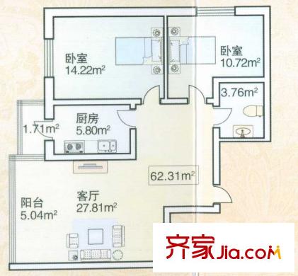 綠海華庭高層C戶型 2室1廳1衛(wèi)1廚