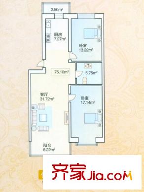 綠海華庭多層F戶型 2室1廳1衛(wèi)1廚
