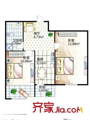聚仁天地E戶型 2室1廳1衛(wèi)1廚