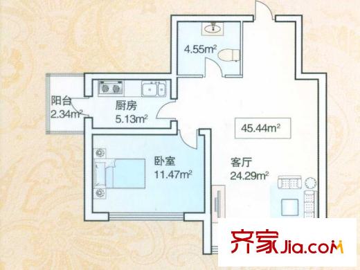 綠海華庭高層A戶型 1室1廳1衛(wèi)1廚