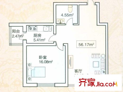 綠海華庭高層B戶型 1室1廳1衛(wèi)1廚