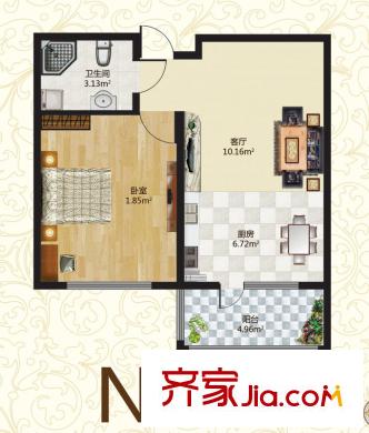 幸福里高層N戶型 1室2廳1衛(wèi)1廚