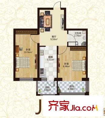 幸福里J戶型 2室1廳1衛(wèi)1廚