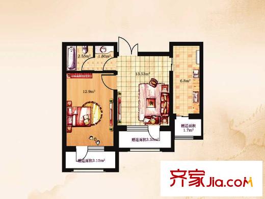 伸馬 托斯卡納D1戶型 1室2廳1衛(wèi)1廚
