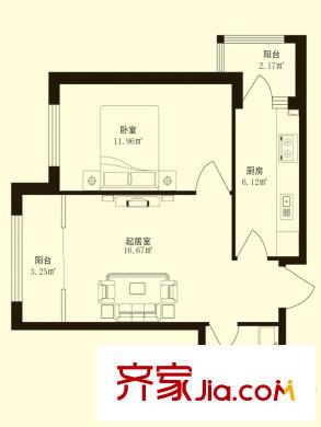 香悅藍天下K戶型 1室1廳1衛(wèi)1廚