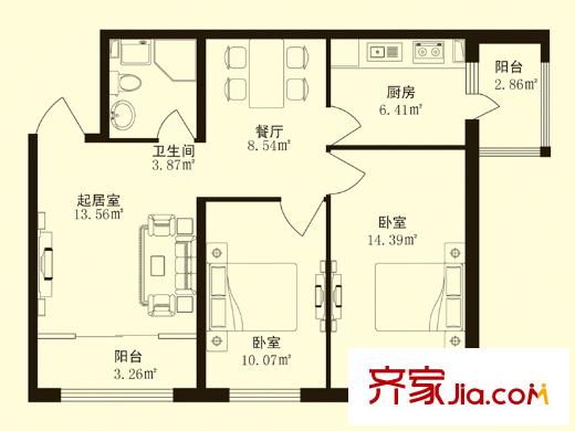 香悅藍天下C戶型 2室2廳1衛(wèi)1廚