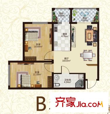 幸福里高層B戶型 2室2廳1衛(wèi)1廚